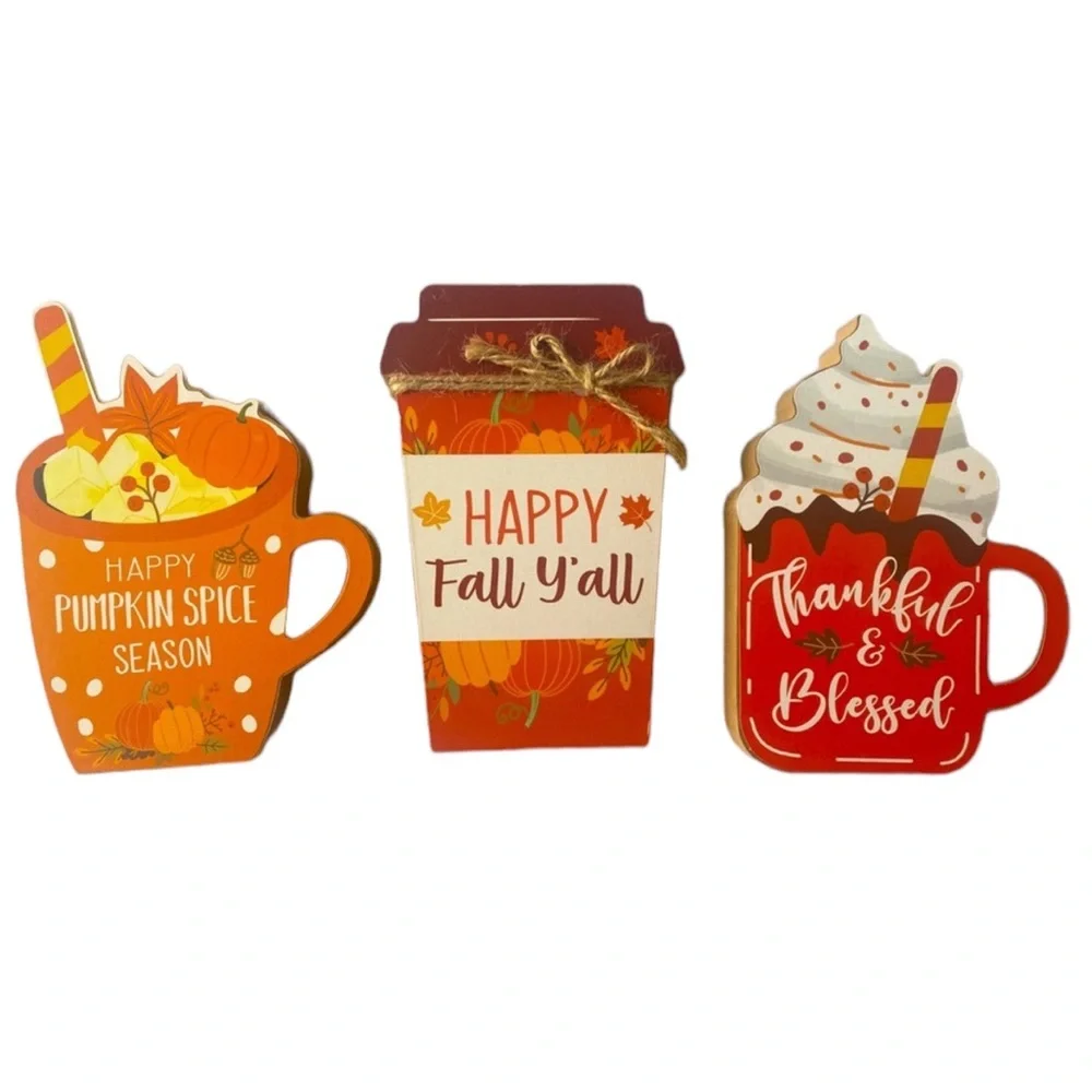 3Pcs Fall Season Chunky‎ Wood Decor Coffee Mugs Happy Pumpkin Spice Season Happy